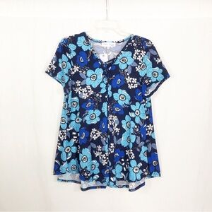 NEW C’est La Vie Floral Short Sleeve Blouse Top, Size Large, Blue
